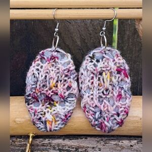 Oval Knit Earrings White Multicolor Speckled Hand Dyed Yarn White Pink Cotton